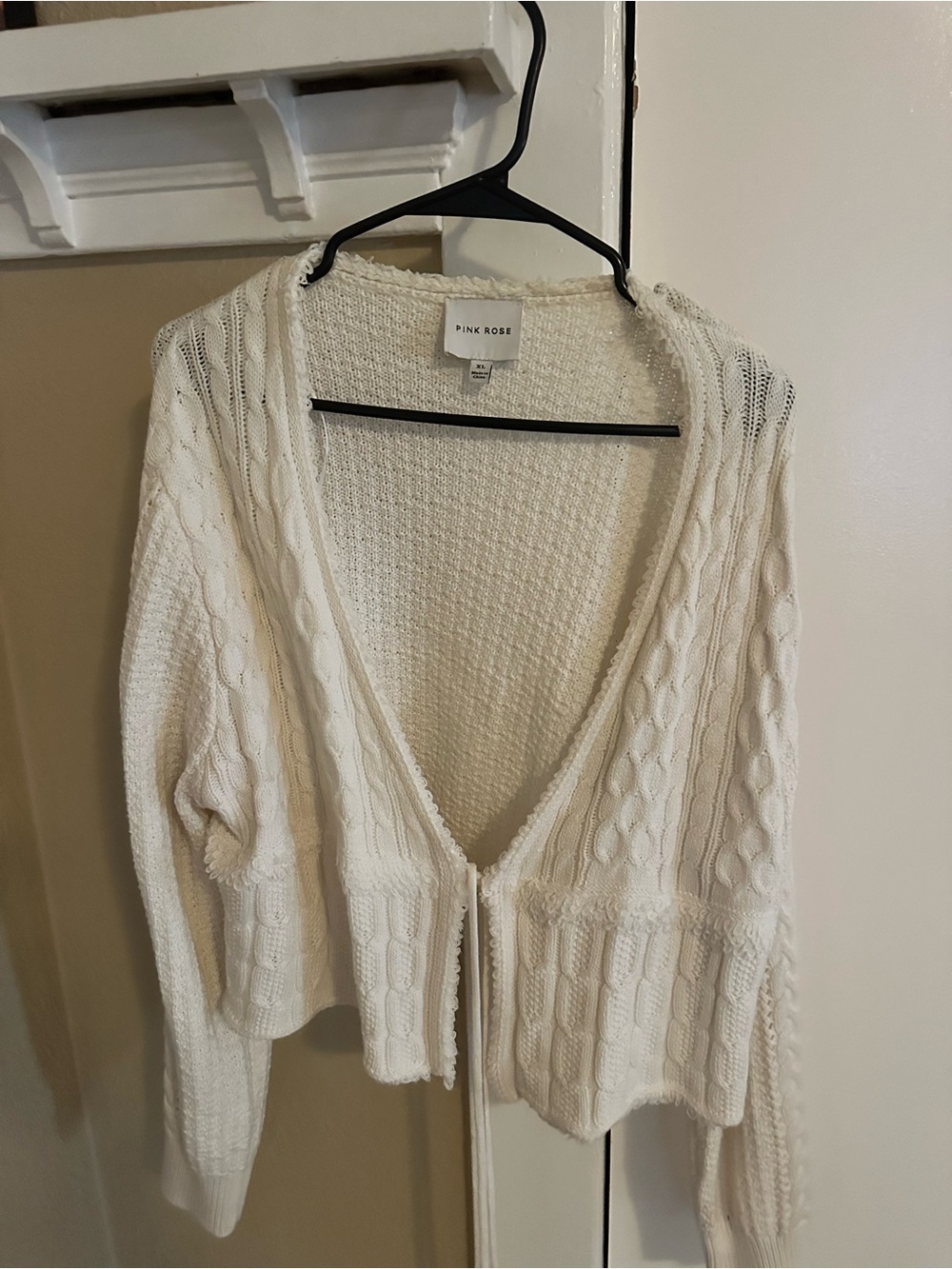 Pink Rose Cream Open-Front Cable Knit Cardigan with Tie